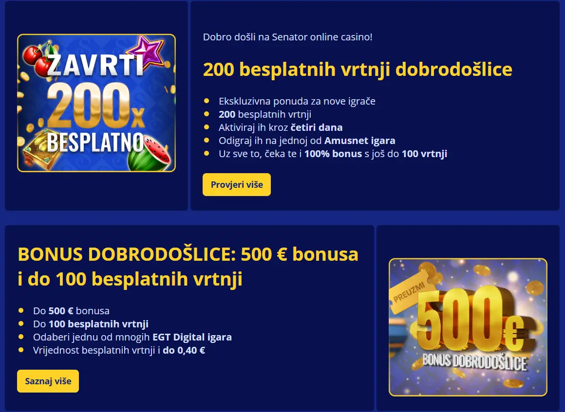 Página de bonos de Senator Casino con ofertas y promociones.