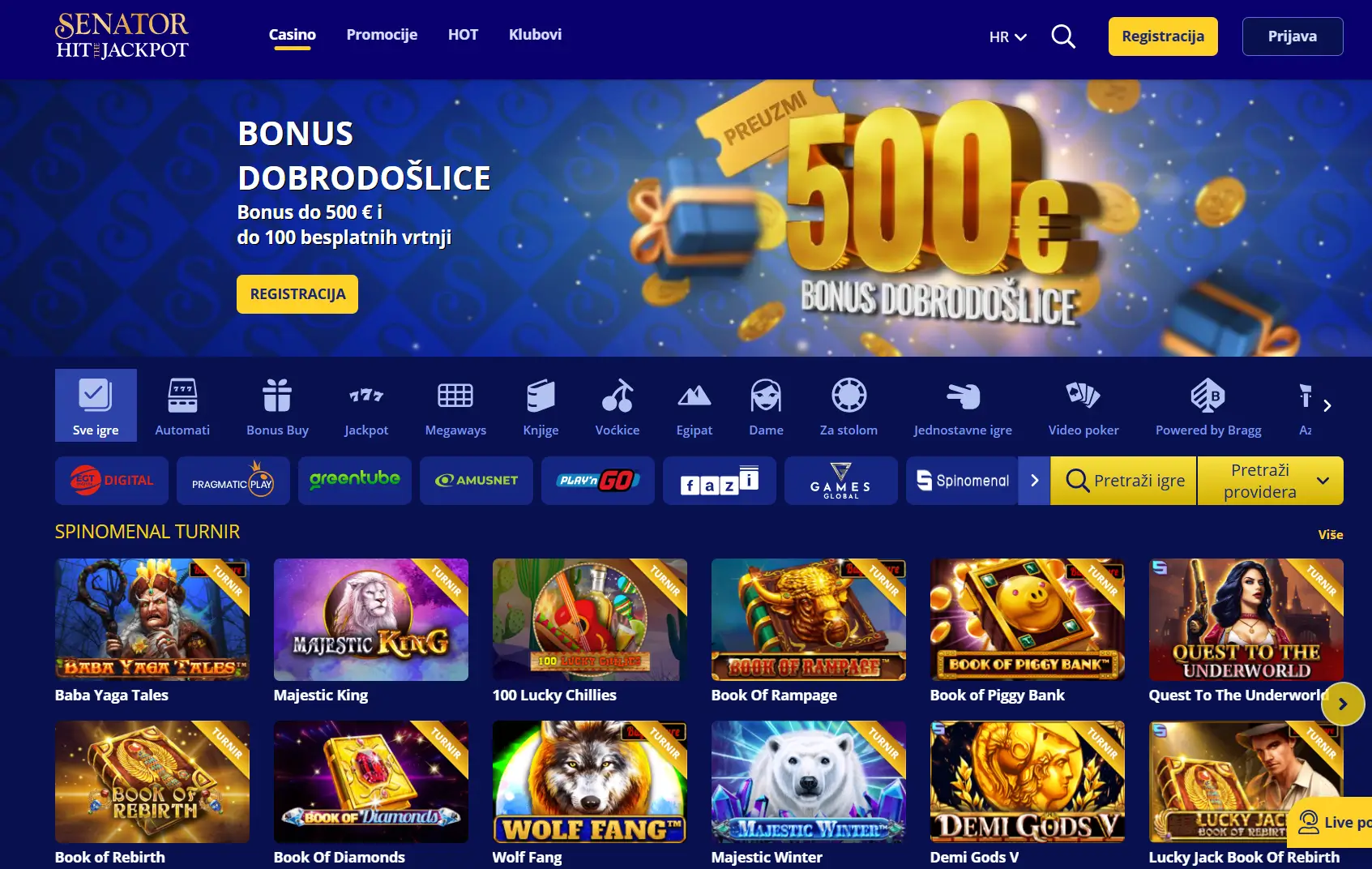 Página de inicio de Senator Casino con bono de bienvenida y juegos.
